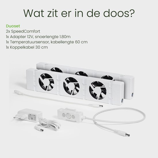 Duoset SpeedComfort met twee witte ventilatoren, 12V adapter, kabels en temperatuursensor.