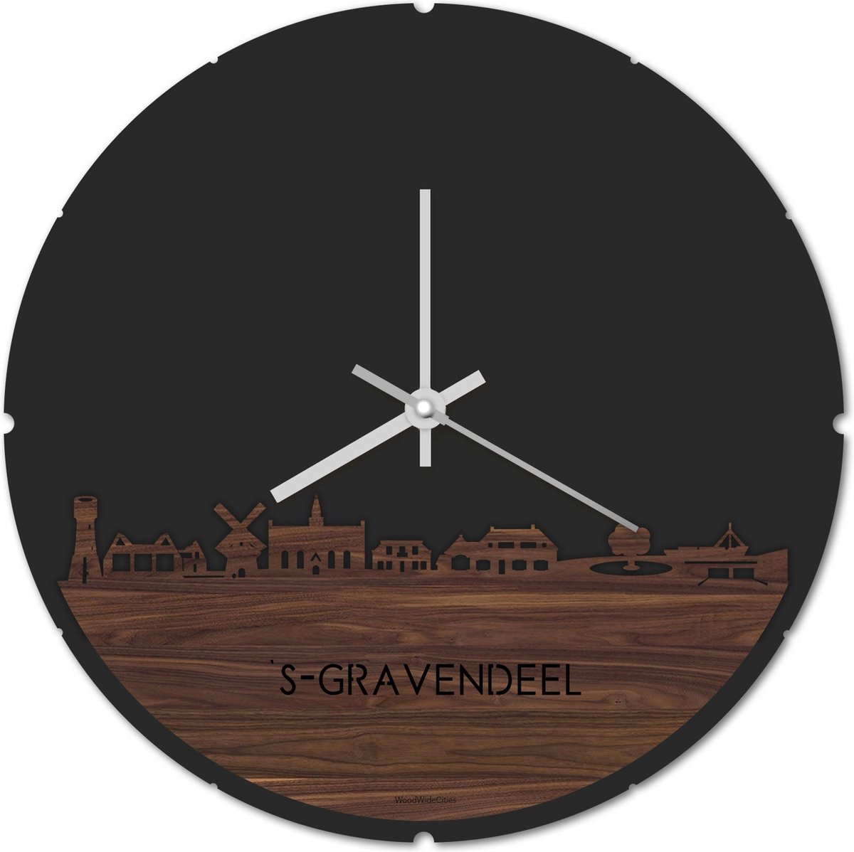 Skyline Klok Rond 's-Gravendeel Notenhout - Ø 44 cm - Stil uurwerk - Wanddecoratie - Meer steden beschikbaar - Woonkamer idee - Woondecoratie - City Art - Steden kunst - Cadeau voor hem - Cadeau voor haar - Jubileum - Trouwerij - Housewarming -
