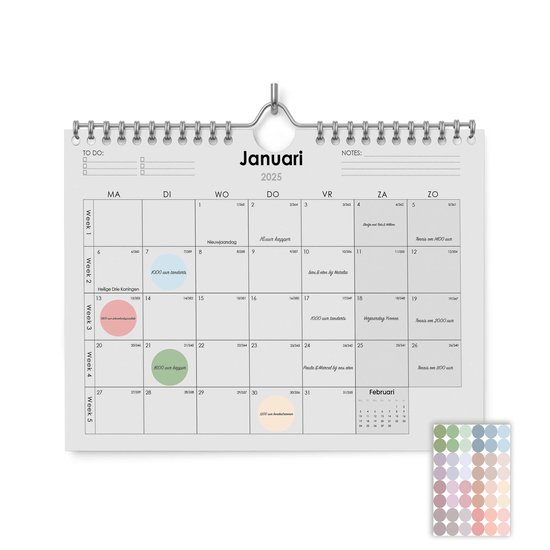 Kalender 2025 - 32x22.5cm (A4+) - Inclusief 48 morandi stickers - 300gramsgewicht ecopapier