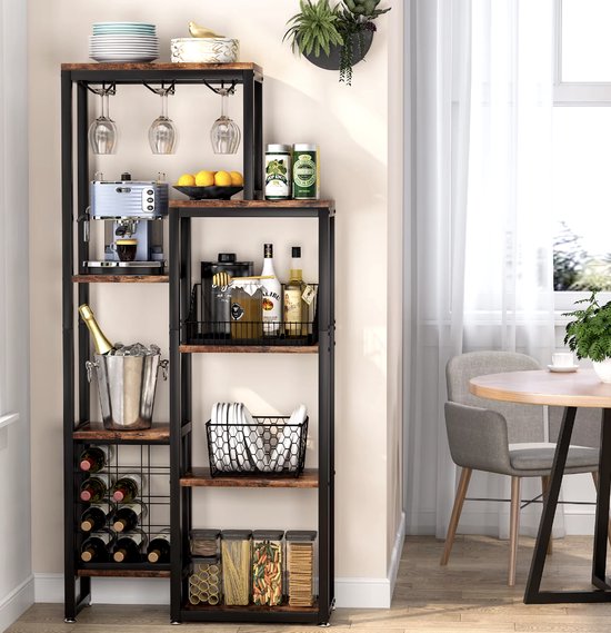 Armoire à vin - Casier à vin - Armoire à boissons - Placard - Porte-verres à vin - Porte-bouteilles - Industriel - Bois et métal - Marron/ Zwart - 175x80x30cm
