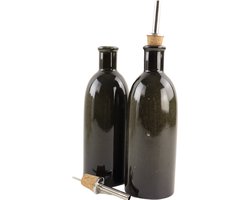 foto van OTIX Olijfolie Fles - Azijnfles - Oliefles - Zwart - Set van 2 stuks - 400ml - Met schenktuit - Keramiek