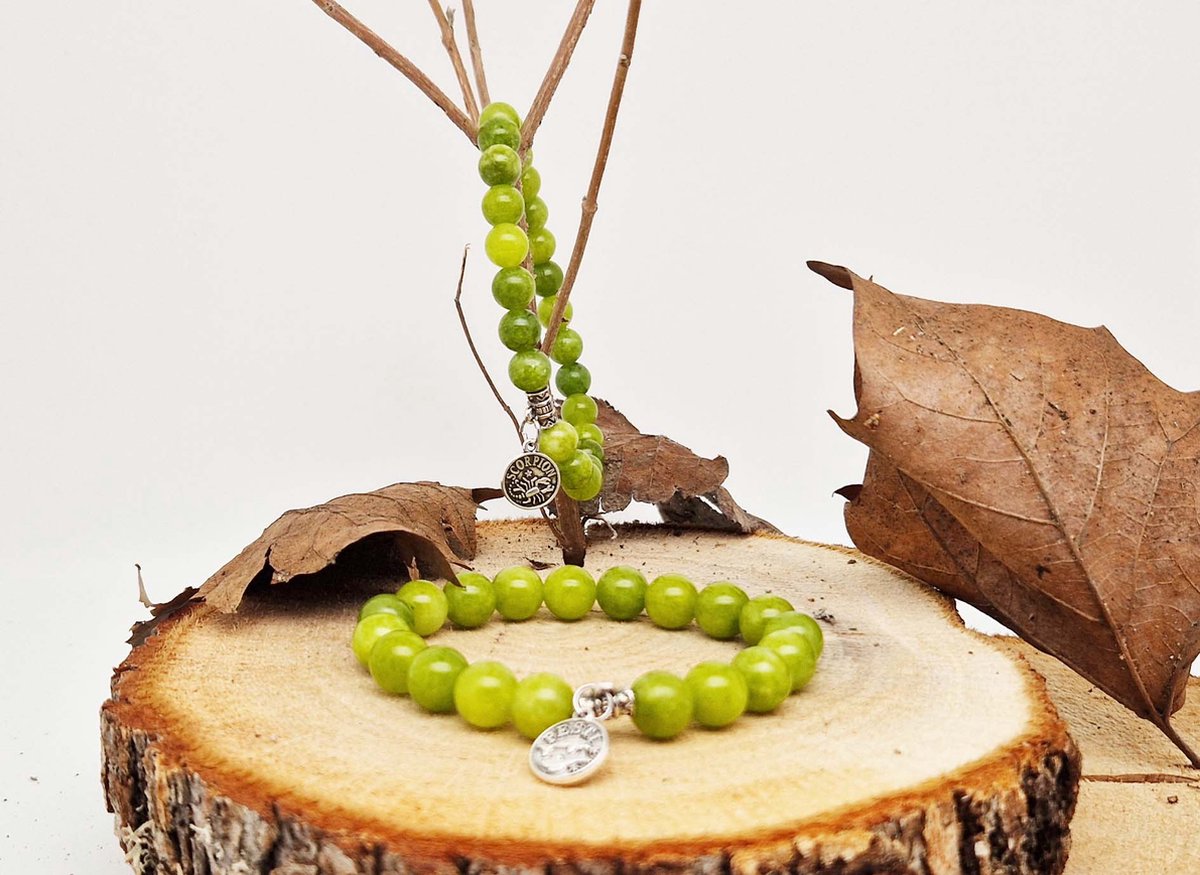 Handgemaakte natuursteen Geluksarmband met hanger "Astrologische Symbolen " Kraal Koreaanse jade " -8 mm diameter van de korrel- Diameter armband 20 cm - Kies je favoriete Astrologische Symbolen - Een mooi cadeau voor familie en vrienden