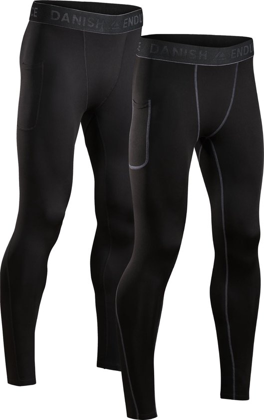 DANISH ENDURANCE Compressiebroek - Heren - Basislaag voor Trainen - Set van 2 - Zwart en Zwart/Grijs - XXL