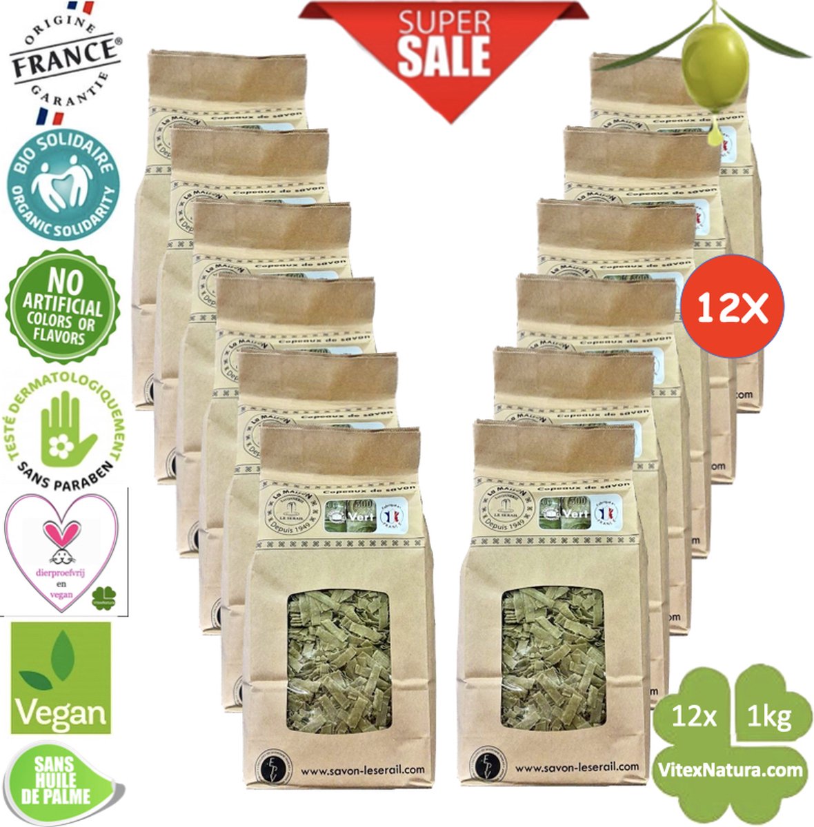 Goedkoopste Marseille zeepvlokken karakteristieke Olijven zeep geur | 12x1kg | Multifunktionele zeep | merk Le Serail