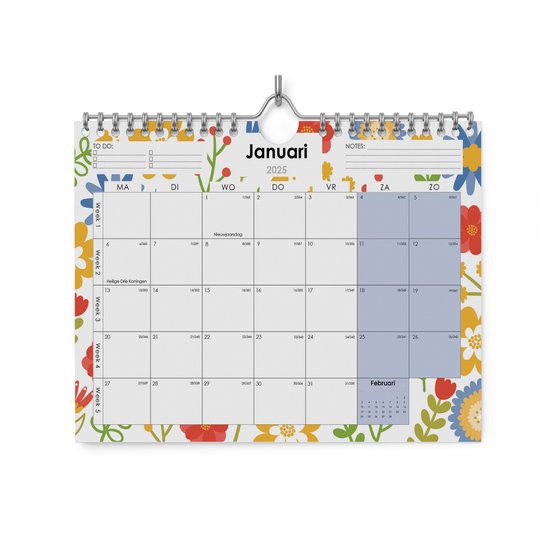 Kalender 2025 - Bloemen - 31.5x22cm (A4+) - Inclusief 48 morandi stickers - 300gramsgewicht ecopapier