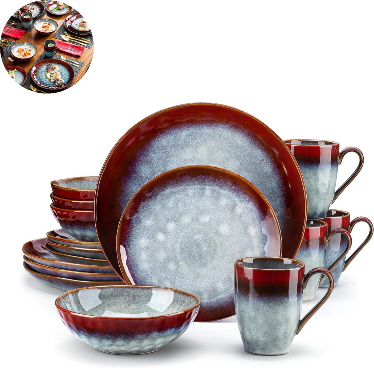 Luxe Serviesset – 16 delig – 4 persoons – Porselein - Bordenset – Dinner platen – Dessertborden - Kommen - Mokken - Rood