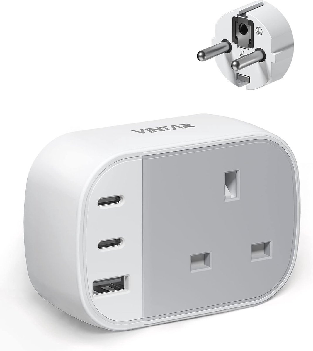 Reisadapter UK naar EU met 2 USB C- en 1 USB A-poort - Type E/F