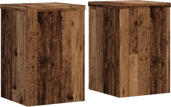 Deux tables d'appoint en bois avec un motif de bois vieilli et usé.
