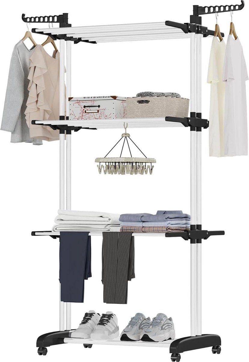 Goedkoopste Wasrek toren voor wasdroger standaard metaal - staand droogrek 182 cm hoog - zwart opvouwbaar met dwars ontwerp