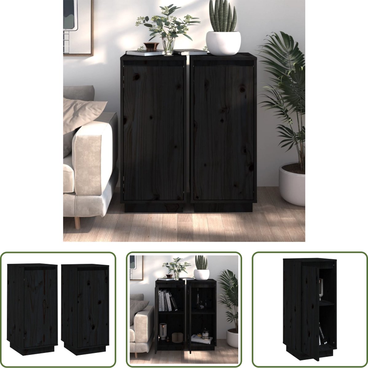 vidaXL Commode - Dressoir - Dressoirs 2 st 31,5x34x75 cm massief grenenhout zwart - Grenenhouten Dressoir - Zwarte Dressoir - Kleine Dressoir