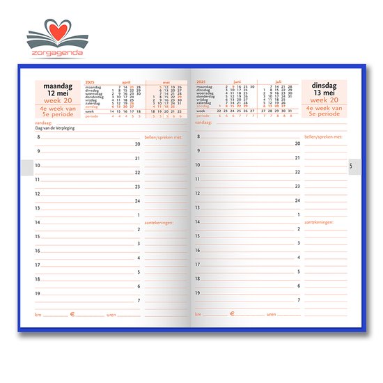ZorgAgenda 2025 met periodevermelding - 1 dag per pagina - veel schrijfruimte en informatie voorin - voorzien van 4-wekelijkse perioden