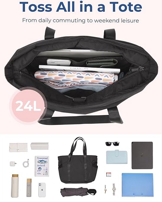 Sac fourre-tout noir ouvert rempli d'objets, y compris un ordinateur portable et un téléphone. Capacité de 24L.