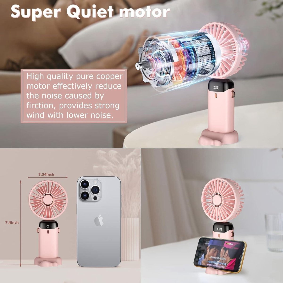 Ventilateur USB Rechargeable 5 Vitesses - Portable Avec Base Et Affichage LED - 4200mAh (Violet)