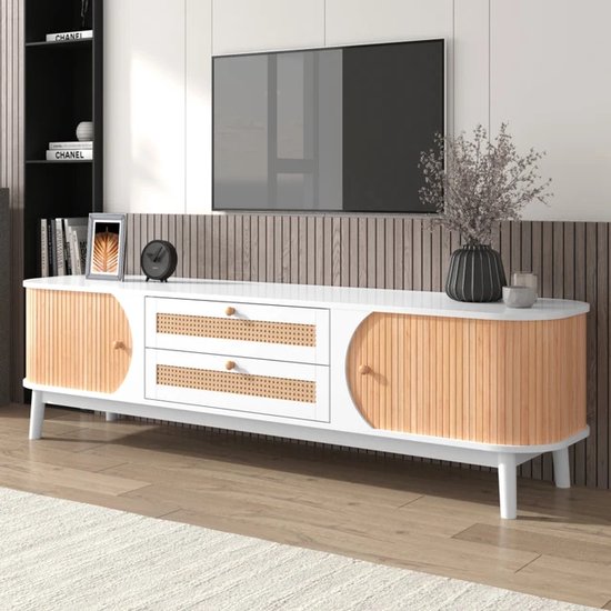HAINEW Landhuisstijl, tv-kast met deuren en rotan laden, tv-standaard met rotanzijden, tv-kast voor woonkamer, eetkamer (houtkleur en lichtgeel