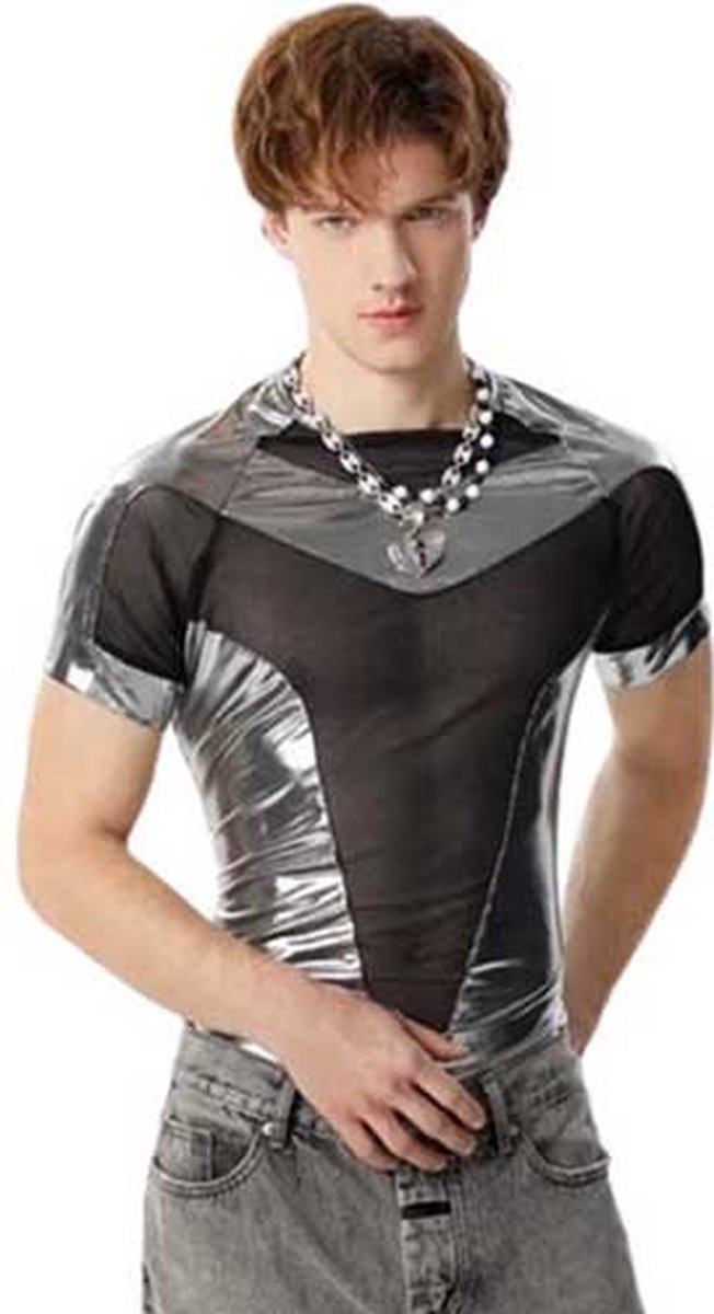Goedkoopste Heren Mesh Top – Zilver & Zwart – Sexy Transparant Shirt – Festival Outfit