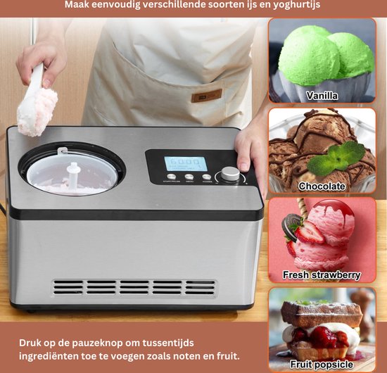 Jemaison® Professionele ijsmachine - 180W compressor - 3 Standen - Ijsmachine zelfvriezend - Ijsmaker - Softijs - Yoghurt - 2 liter van Merkloos — afbeelding 4