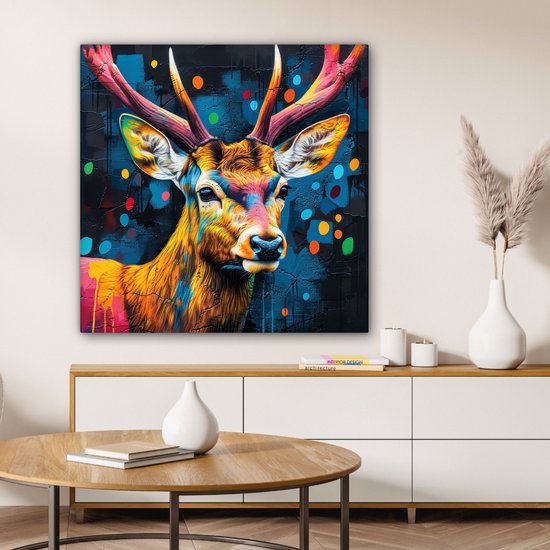 Peinture sur toile 90x90 cm - Décoration murale Graffiti - Cerf - Animal - Coloré - Décoration murale murale salon - Décoration chambre - Accessoires de chambre - Peintures