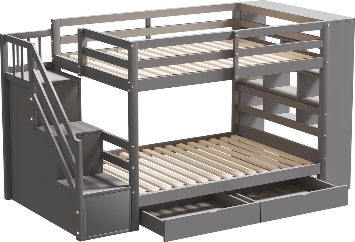 Merax Stapelbed 90x200 cm - Bed met Veiligheidstrap en Opbergruimte - Hoogslaper Kinderbed met Lades - Grijs