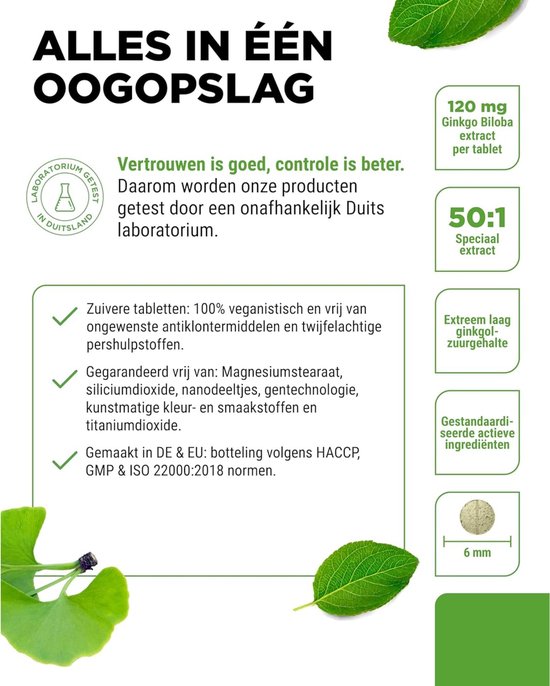 Vit4ever Ginkgo Biloba tabletten met "Alles in één oogopslag" en gedetailleerde informatie.