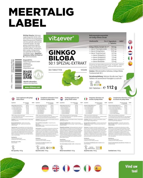 Vit4ever Ginkgo Biloba 365 tabletten met "Meertallig Label" en productdetails in meerdere talen.