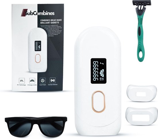 SubCombines IPL Ontharingsapparaat Pro - Krachtige Laser en Lichtontharing - Incl. Beschermbril, Opzetstukken en Scheermes - 1.000.000 Flitsen - Wit