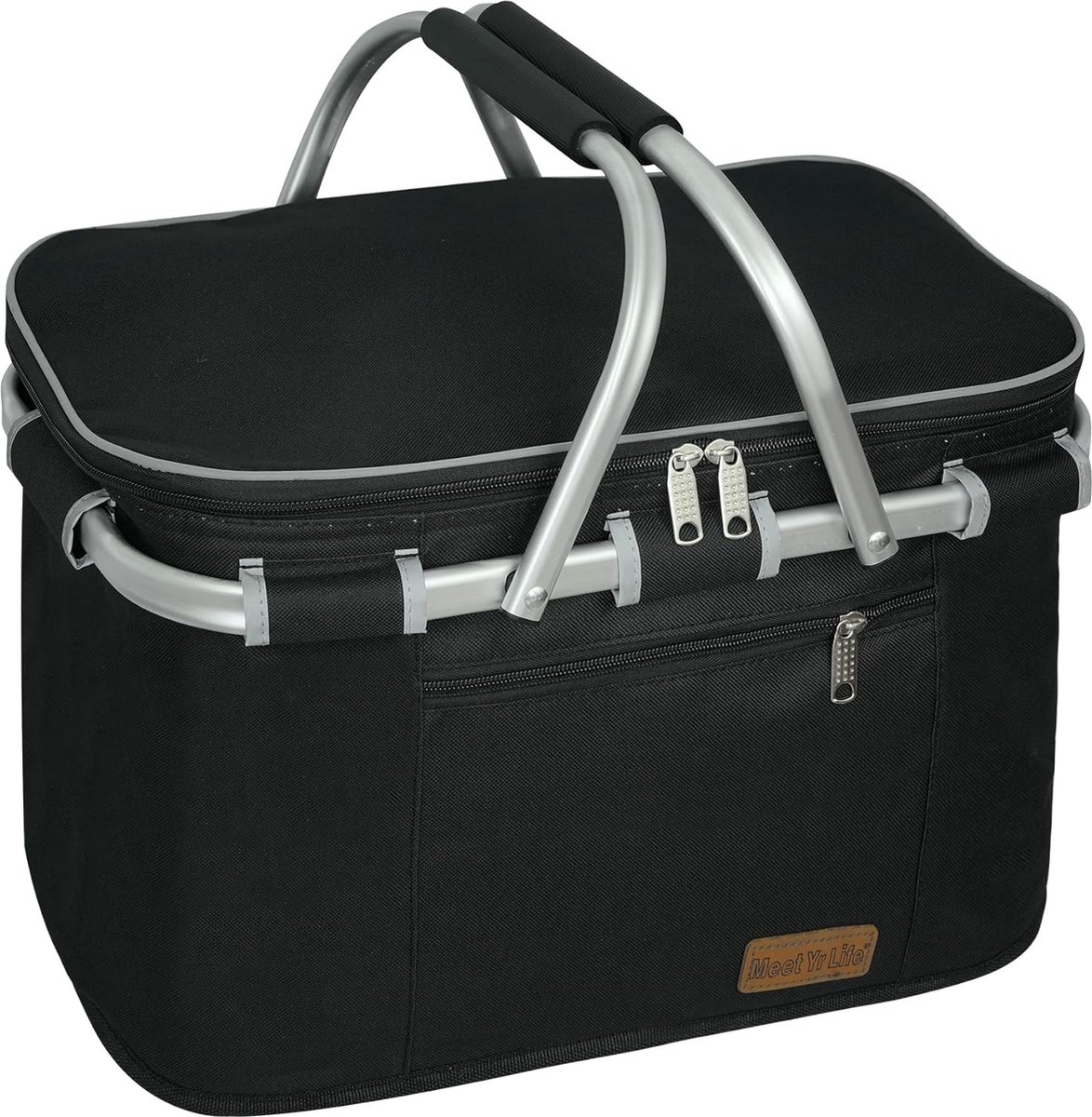 Koeltas, boodschappenmand, grote isolatiemand, koelmand, koeltas, picknickmand, picknicktas met twee handgrepen, voor reizen, picknick, winkelen, cadeau, 26 liter, zwart 01