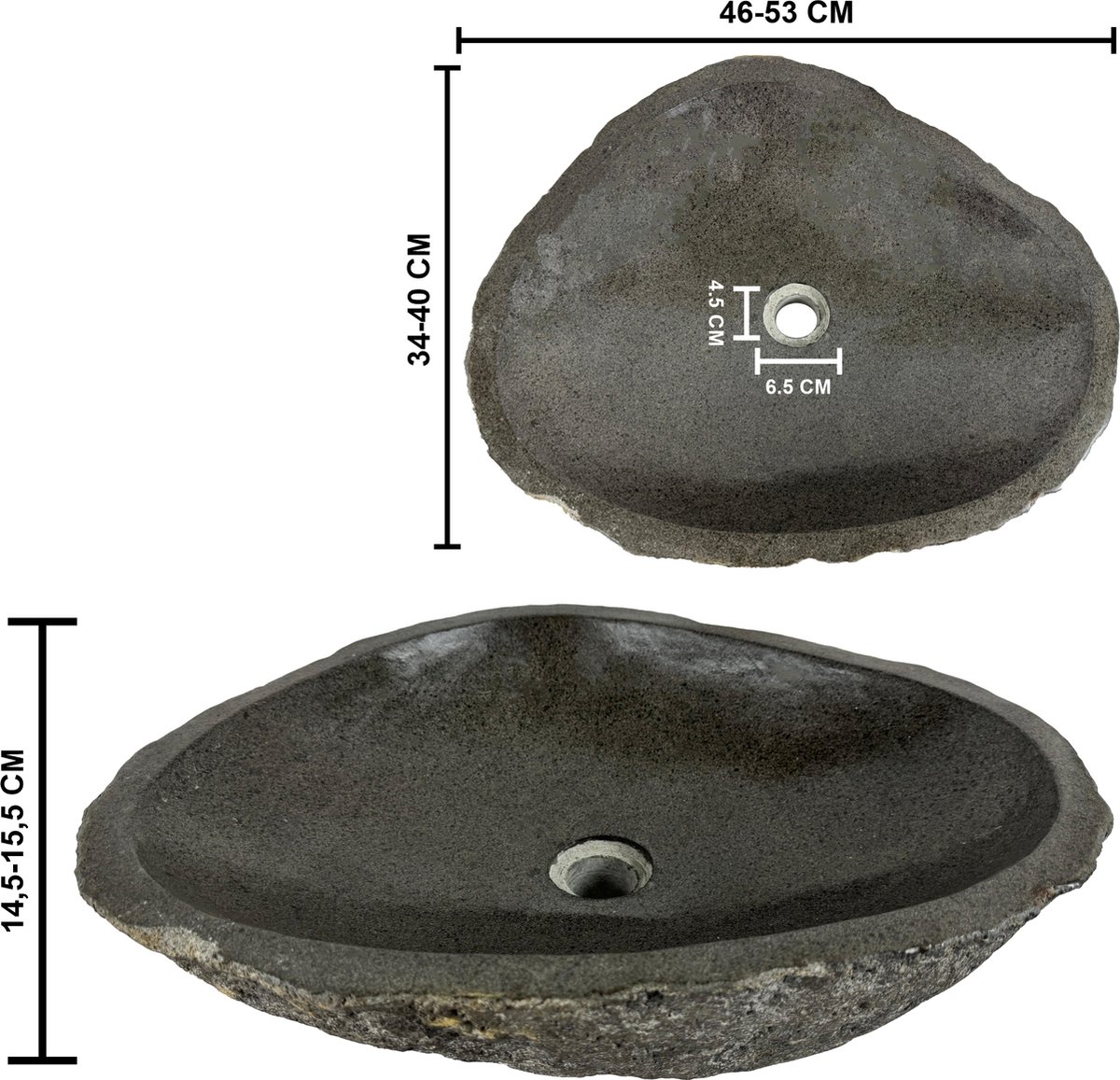 Lendo Online Wastafel ovaal (46-53)x(34-40) cm riviersteen - natuursteen - wasbak voor badkamer - spoelbak - waskom - unieke vorm en kleur!