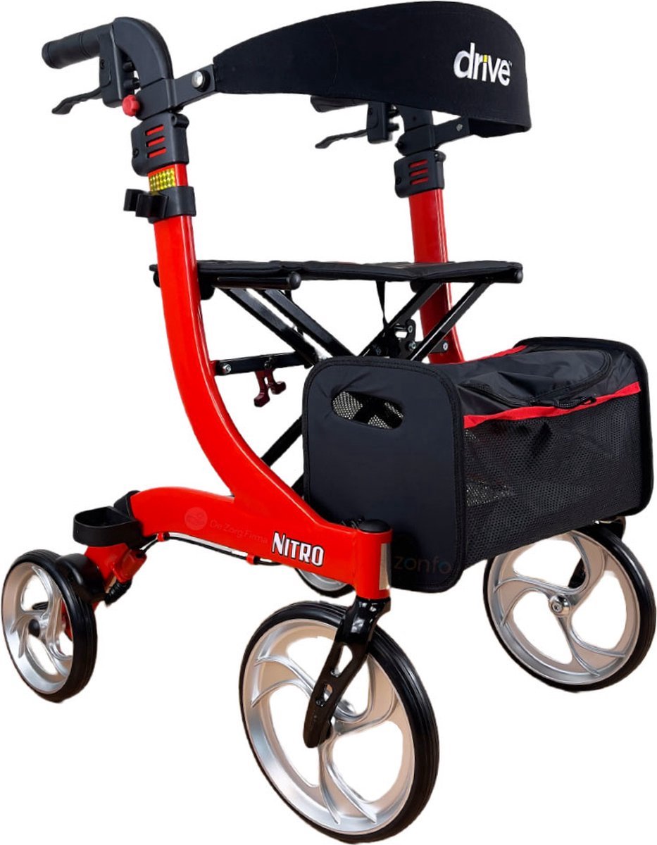 Goedkoopste Rollator Nitro Small - Rood - 1.50m tot 1.60m - Opvouwbaar - Lichtgewicht - Weggewerkte remkabels - Grote voorwielen - Eenvoudig in hoogte verstelbaar - Inclusief rugsteun en stokhouder