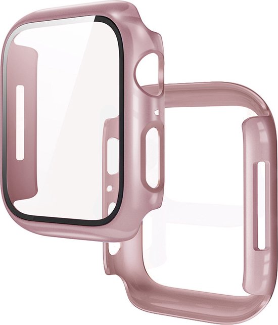 Een rosé gouden beschermhoesje en screenprotector voor een Apple Watch, de hoes is gesplitst.