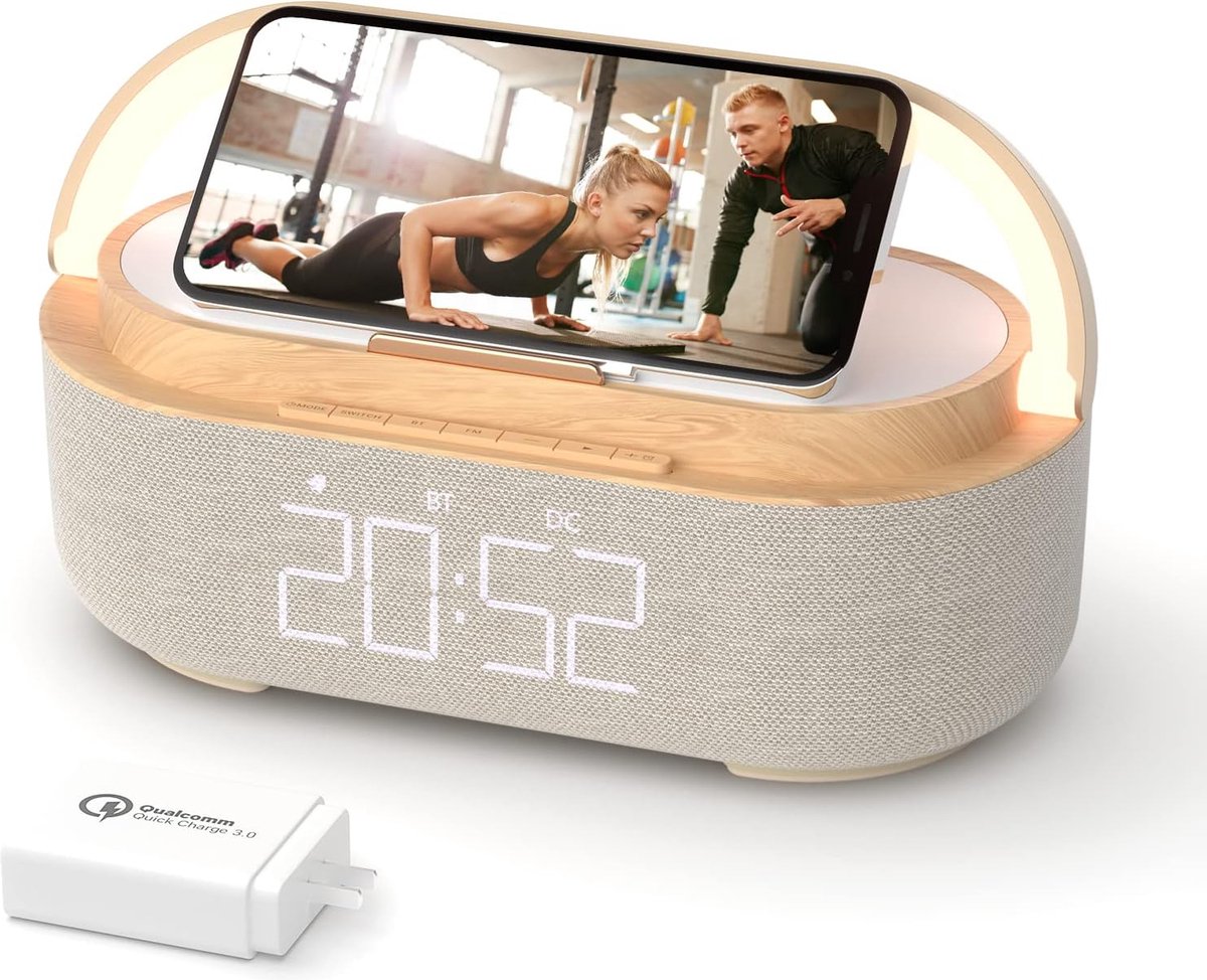 Digitale Alarmklok Radio met Draadloze Oplader en Bluetooth Speaker - Slimme Alarmklok met USB Oplader, Snooze Functie, Nachtlamp met 3 Kleuren, Dimbare LED Display, Houten Ontwerp, Tafelmontage