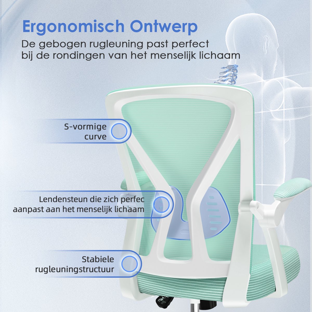Elekiatech Ergonomische Bureaustoel - Bureaustoel - Opklapbare Armleuningen - Bureaustoelen voor Volwassenen - 150 Kg - Blauwgroen thumbnail 3