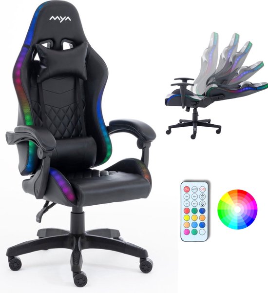 Foto: Mya cyborg my1 gaming stoel zwart pu leer gaming chair bureaustoel ergonomische game stoel rgb verlichting inclusief afstandsbediening