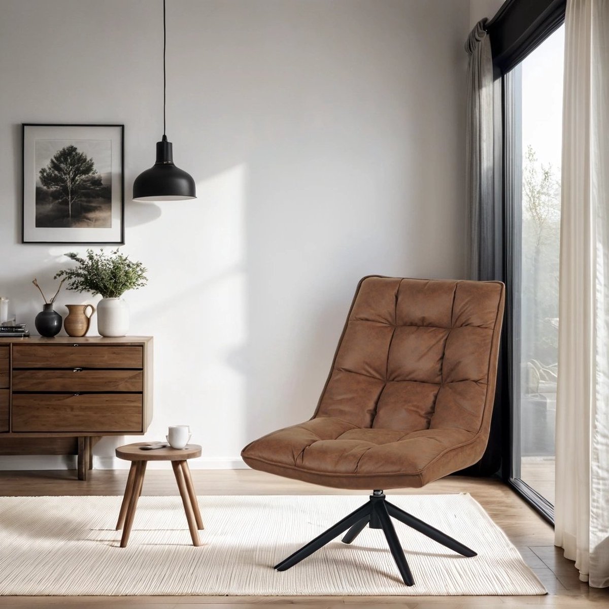 Dimehouse Industriële draaifauteuil cognac eco-leer 360° draaibaar Yuki - Leer - Industrieel
