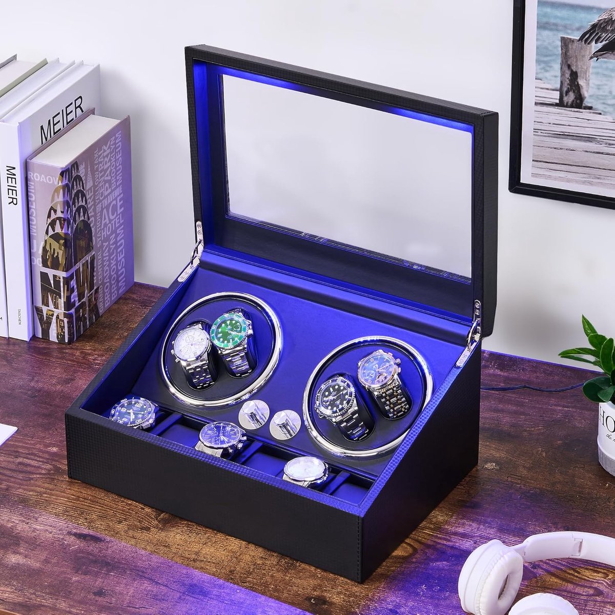 VEVOR Opwinder voor automatisch horloge, 1 horloge, voor automatische horloges, met Japanse Mabuchi-motor, stil, 5 opwinmodi van paneel met hoge dichtheid en acryl, led, blauw thuis
