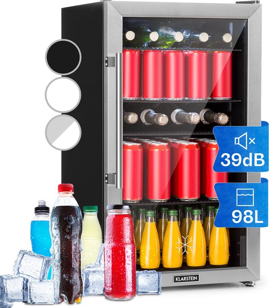 Klarstein Drankkoeler minikoelkast met glazen deur, minikoelkast voor op de kamer, kleine met verstelbare schappen, kleine koelkast van 98 liter, stille koelkast voor binnen en buiten - Drankkoelkast Drankenkoelkast - Touch - RVS van Klarstein — afbeelding 4