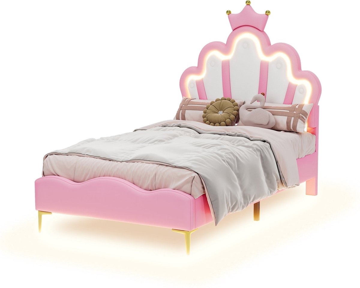 Merax Kinderbed 90x200 cm – Prinsessenbed met Verlichting – Roze Kunstleer