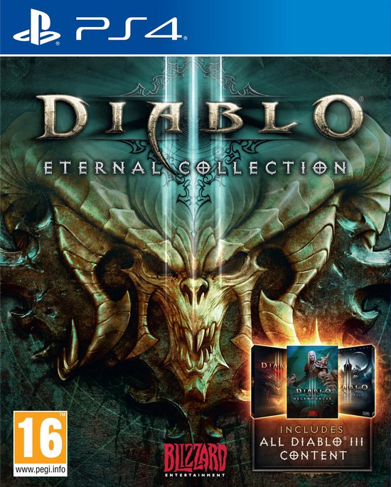 PlayStation 4 game cover van Diablo Eternal Collection met demonische afbeelding.