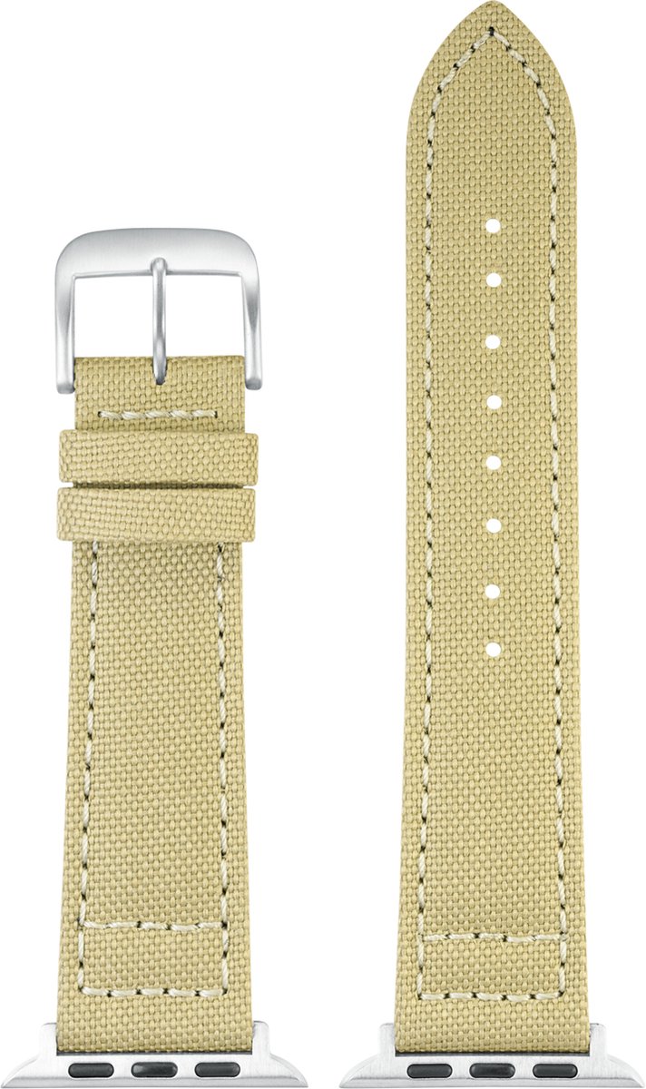 EULIT horlogeband geschikt voor Apple Watch 42-44-45-46 maat - Serie 1-2-3-4-5-6-7-8-9-10 + SE - canvas Smart - 22 mm - beige - metalen zwart gesp - incl. adapter