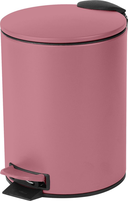 Poubelle ronde rose avec pédale et couvercle noir