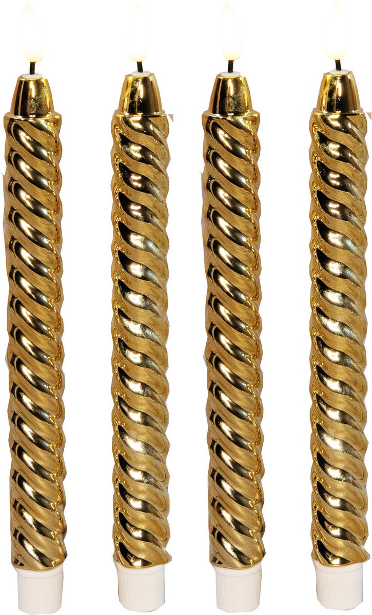 Anna's Collection LED dinerkaarsen - 4x st - goud - glimmend - 25 cm - swirl - 3D vlam Goudkleurig