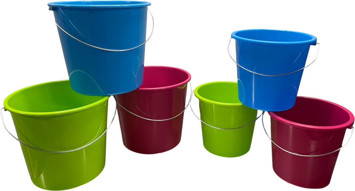 Goedkoopste HL Huishoudemmers - Emmer - Emmers - 6 Stuks - met Maatvoering - 3 Kleuren - 3 x 10 Liter en 3 x 5 Liter