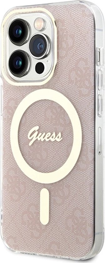 Coque Guess rose avec motif dentelle, logo Guess et compatibilité MagSafe.