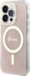 Coque Guess rose avec motif dentelle, logo Guess et compatibilité MagSafe.