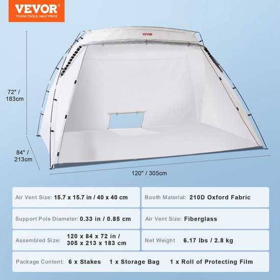 VEVOR Grote Verfcabine Verftent - Draagbare Spuitbescherming Met Ingebouwde Vloer & Wegwerpfolie & Ontluchter - 305 X 213 X 183 Cm - voor Doe-Het-Spuiten, Hobbyverfcabine Gereedschap Schilderstation - Wit van Vevor — afbeelding 5
