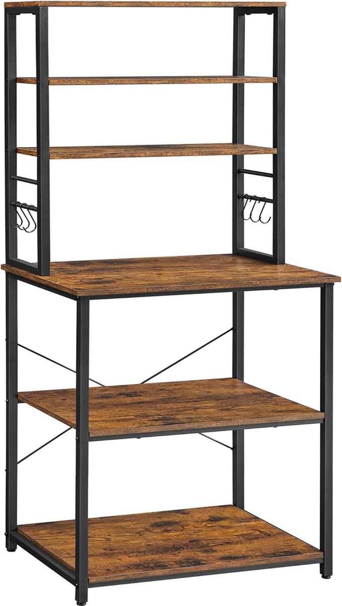 VASAGLE keukenplank - keukenrek 167 cm hoog - staande plank met planken - met 6 haken en metalen frame - plank voor magnetron - industrieel ontwerp, 40 x 60 x 167 cm, vintage bruin-zwart