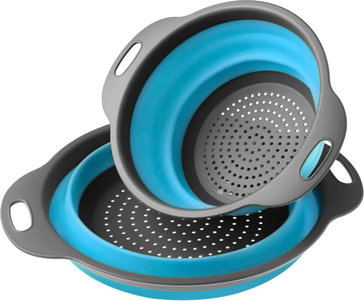 Vergiet Opvouwbaar set van 2 Stuks Inklapbaar Siliconen Vergiet Groot en klein 29x24x9.3 cm 24.5x20x8.3 cm BPA Vrij Hittebestendig Opvouwbare opbergruimte Grijs Blauw