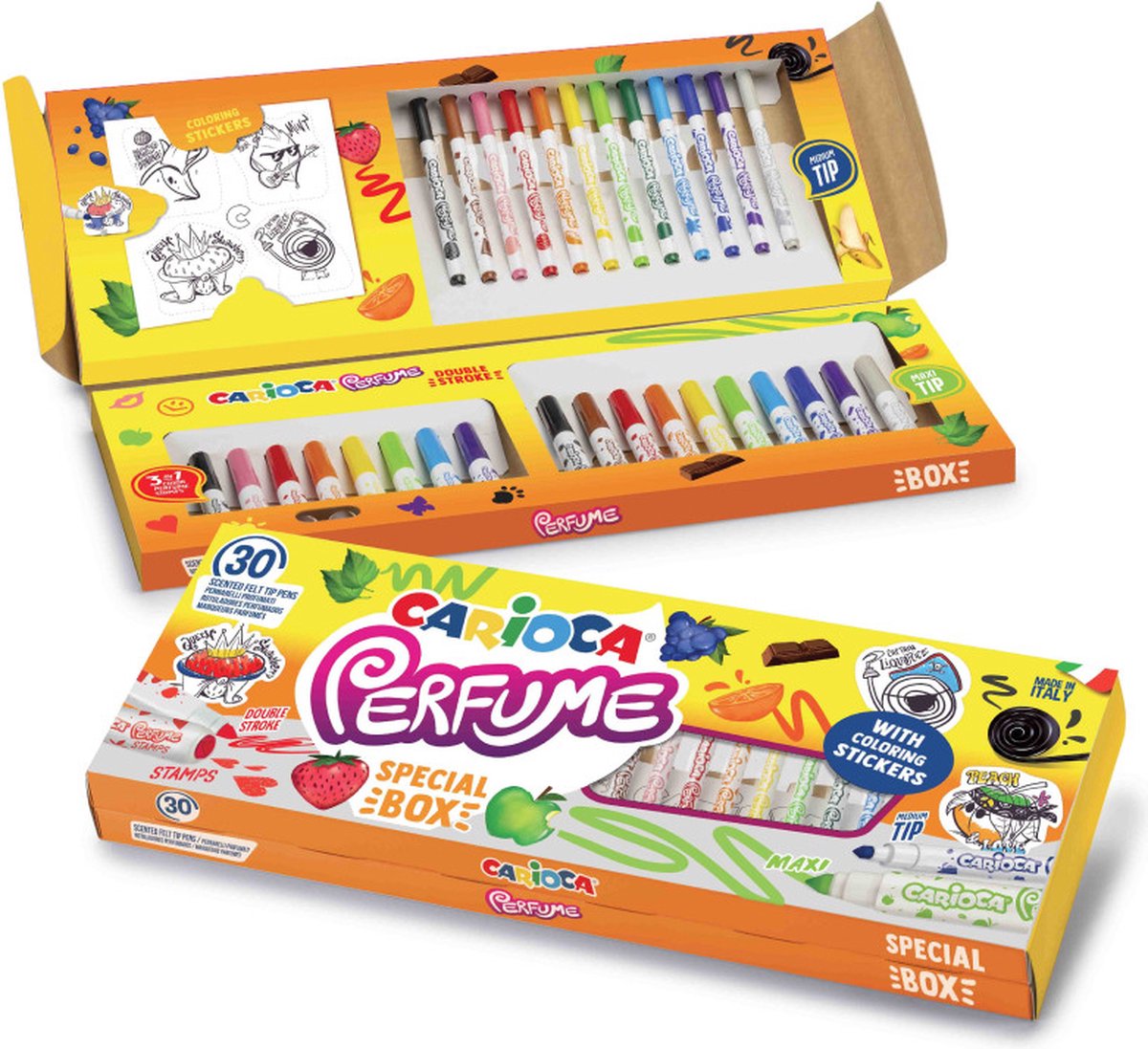 CARIOCA PERFUME Maxi Tip Viltstiften - 30 3-in1 kleuren - Geparfumeerde kleurstiften - Afwasbaar - Inclusief stempels en stickers - Kleur- en knutselset voor kinderen