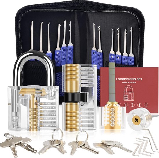 Foto: Lockpick set voor beginners 36 delige oefenslotpickset met transparante hangsloten en trainingsgids
