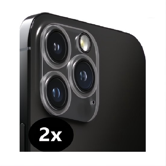 Transparante camera protector op een zwarte smartphone met drie lenzen. Inzet: '2x'.