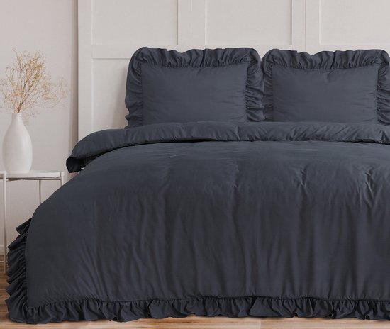 Housse de couette Sleeptime Ruffles - 240X200/220 + 2 x taies d'oreiller 60x70 - Anthracite